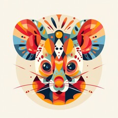A stylized illustration of a mouse's face with vibrant colors and geometric patterns.