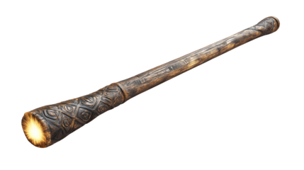 Ancient Wooden Torch with Carved Designs
