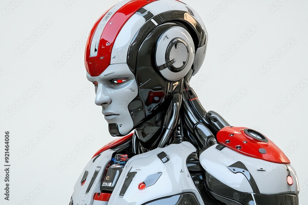 Aufkleber red and white robot head with an integrated visor representing the evolution of humanoid robotics in