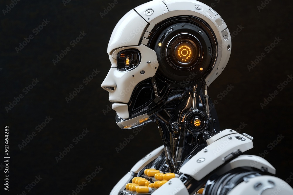 Poster close up of a menacing robotic face with glowing red eyes representing the fear and intrigue surroun