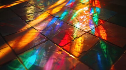 Vibrant light reflections play across stone floor, forming abstract patterns. Bold colors bring modern flair to interior design, shaping geometric forms and lines for contemporary artwork