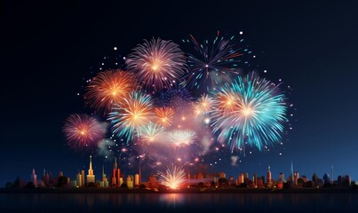 Explosive fireworks display flat design, side view, celebration night, 3D render, Triadic Color Scheme