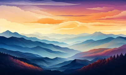 Obraz premium Expansive mountain panorama flat design, top view, breathtaking landscape, 3D render, Triadic Color Scheme