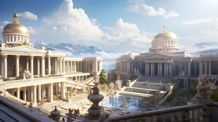 Obraz premium A majestic ancient palace complex with grand architecture and serene landscapes.