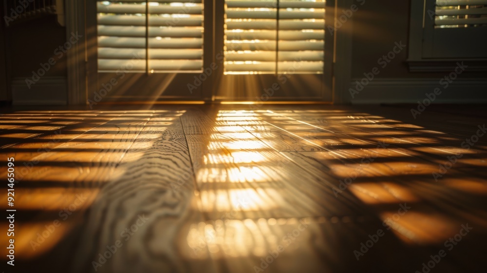 Poster light and shadow patterns on hardwood floor created by sunlight shining through window blinds