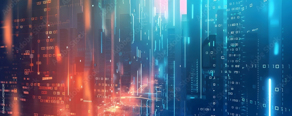 Aufkleber abstract cityscape with binary code and neon lights