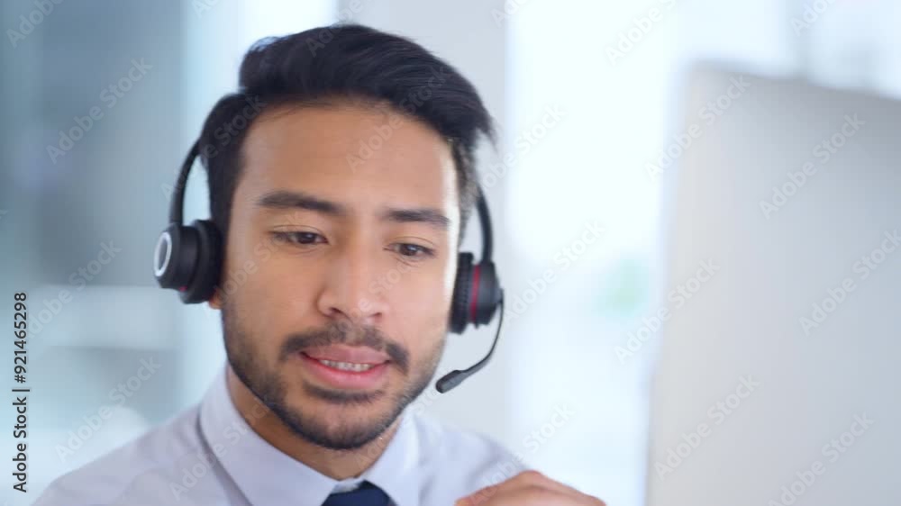 Poster Confident and reassuring salesman consulting and operating a helpdesk for customer service and support. Call center agent talking and listening to a client on a headset while working in an office.