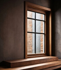 Fototapeta premium Wooden Windowsill Against Brick Wall - Product Display Area