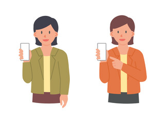 Set of Woman in business suit showing and pointing at her smart phone / mobile phone screen