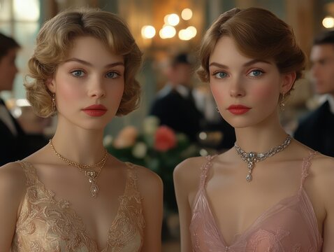 Glamorous Friends in Art Deco Attire Pose for a 1920s Great Gatsby Celebration A Nostalgic Glimpse into the Roaring Twenties