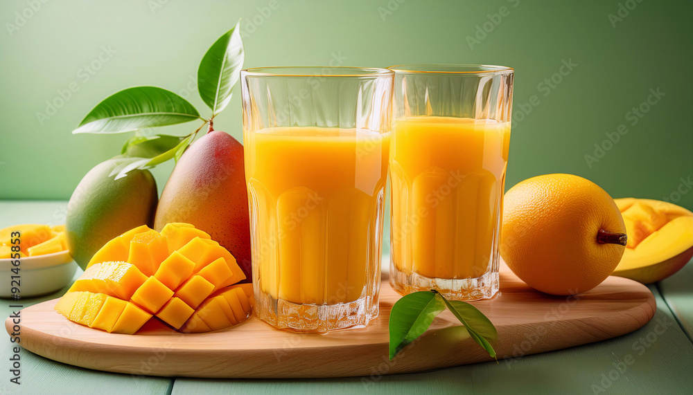 Wall mural Two glasses of fresh mango juice with mangoes and leaves on a wooden board