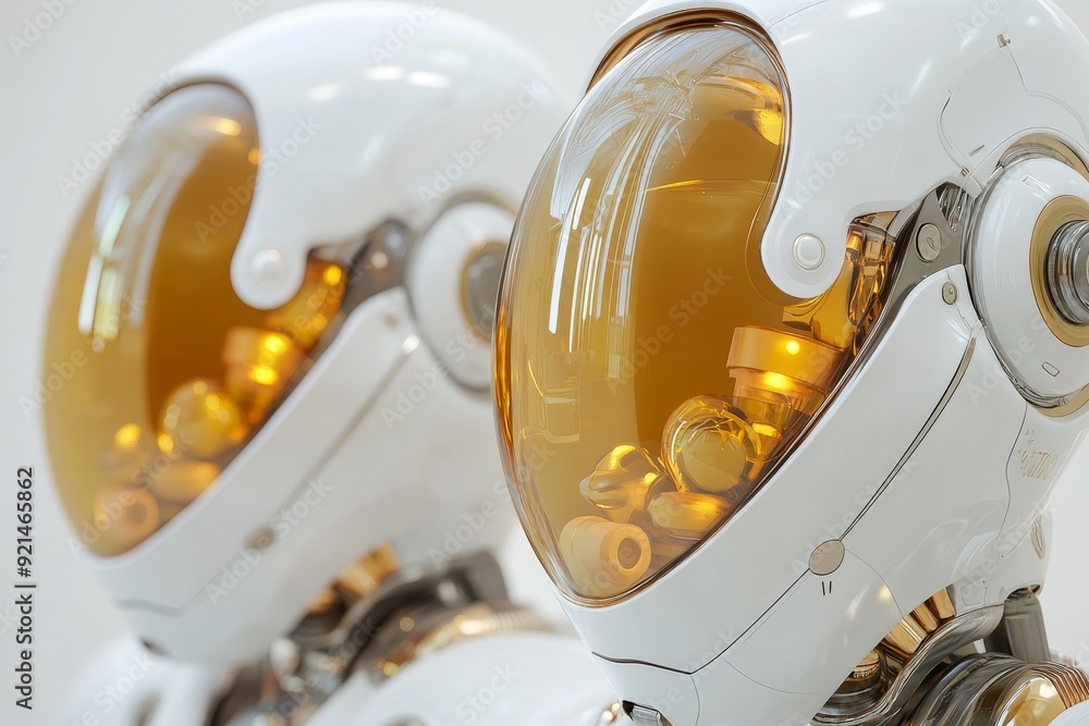 Poster two futuristic robotic helmets with transparent shields symbolizing the integration of vision and pr