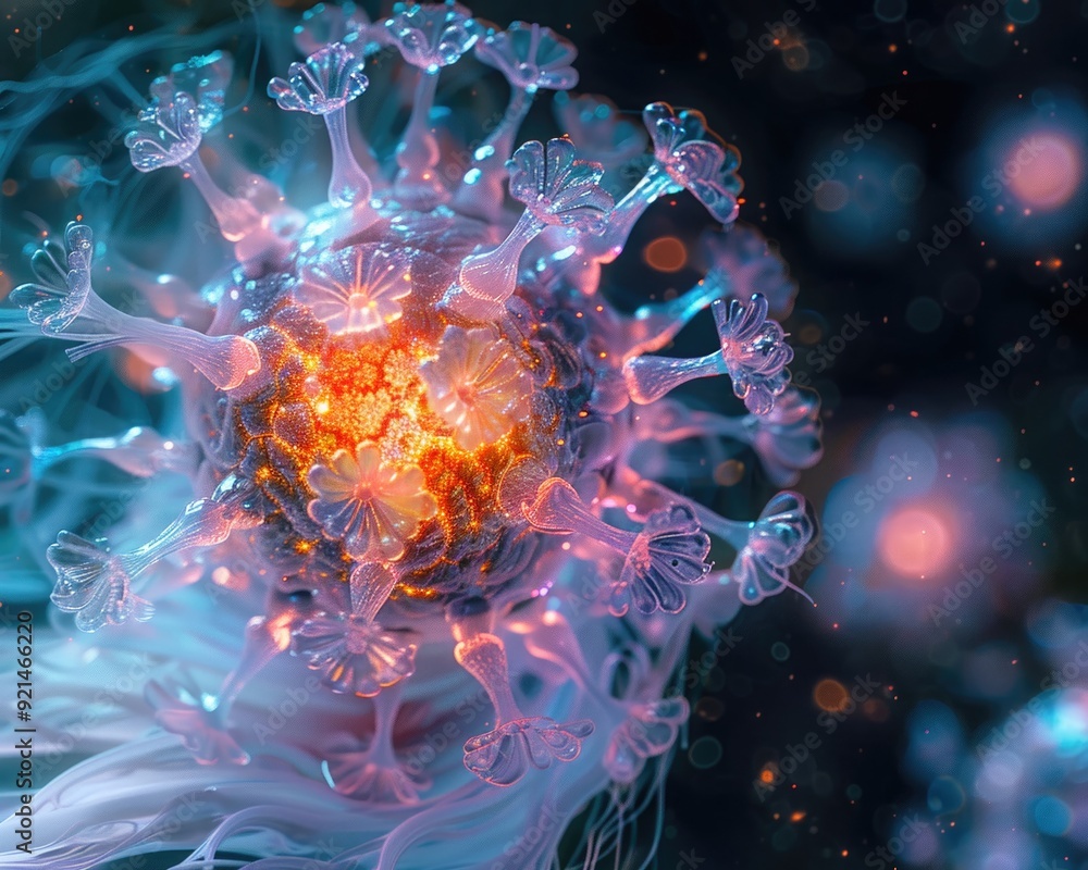 Poster abstract virus particle with glowing structure.