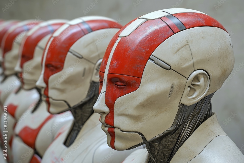 Poster row of identical red and white robotic heads representing the uniformity and precision of ai in manu