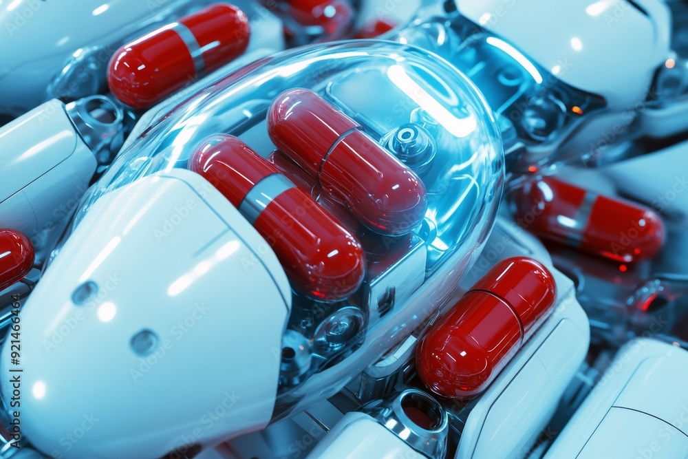 Poster close up of robotic components with glowing capsules illustrating the synergy between pharmaceutical