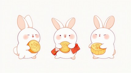 Three cute rabbits holding mooncakes and a food item, conveying a festive theme.