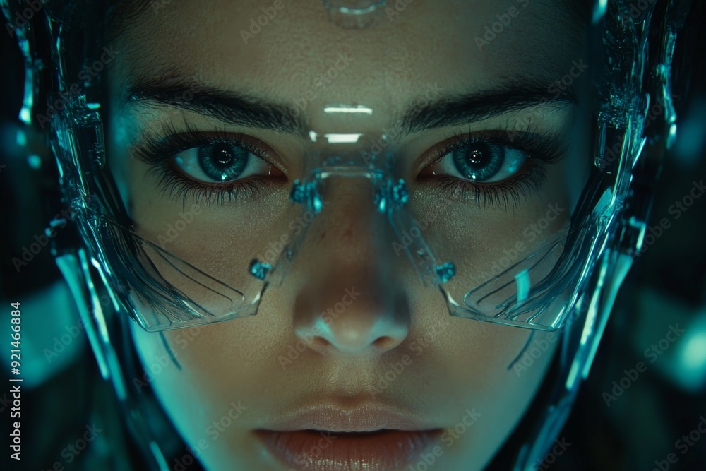 Poster futuristic female cyborg with advanced neural interface in a sci fi setting