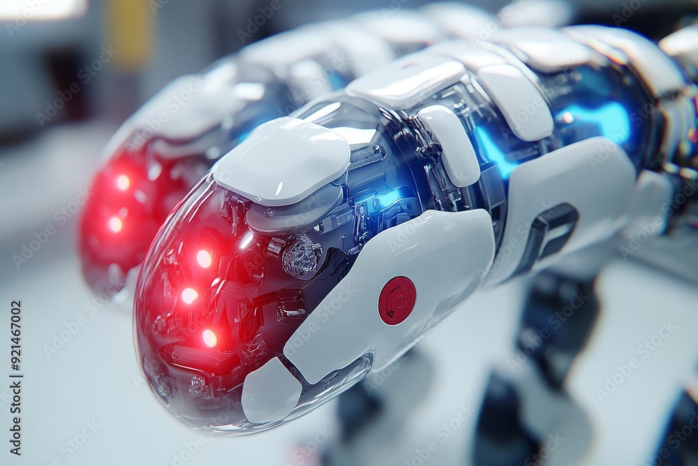 Aufkleber red and blue robotic hands engaged in precise assembly tasks