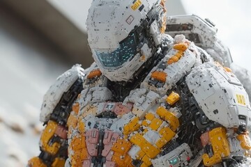 Complex humanoid torso covered with detailed mechanical components and golden accents