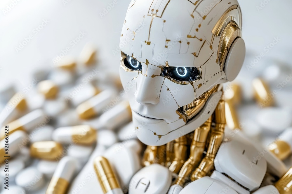 Poster metallic humanoid robot examining intricate golden gears in a technological workshop