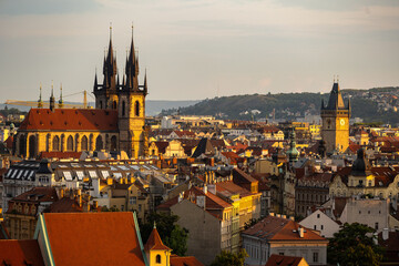 Prague, Czech Republic, panoramic shot of the city center at sunset