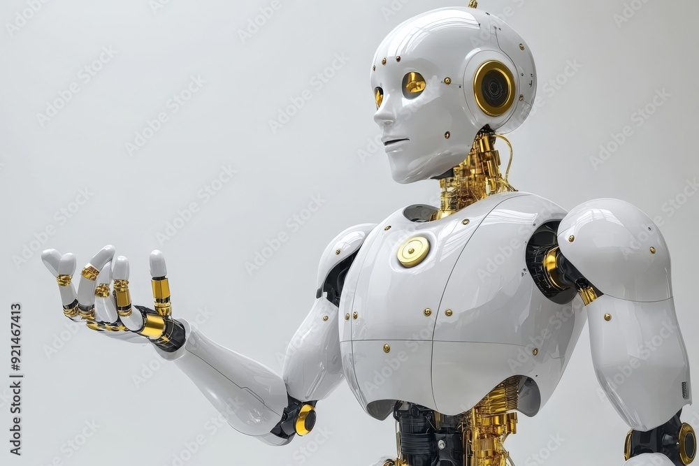 Poster autonomous white humanoid robot equipped with a golden mechanical arm in a lab setting