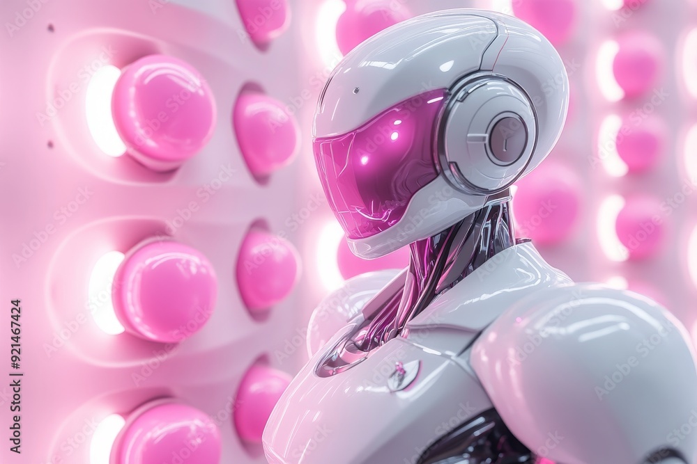 Poster pink humanoid robot with reflective surfaces and futuristic design in a bright setting