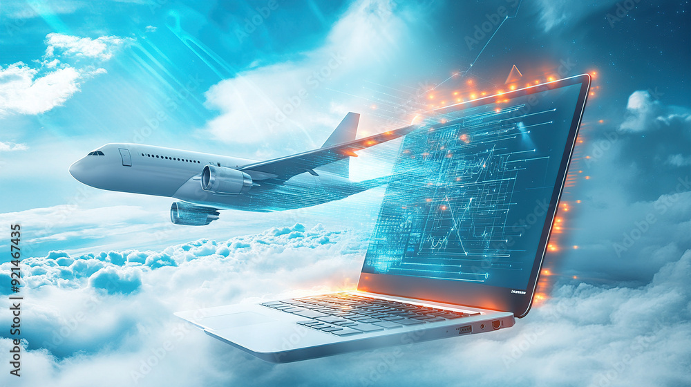 Poster 3d rendering of an airplane flying over a laptop with a digital data and cloud technology background