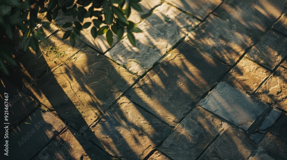 Aufkleber sunlight casting abstract leaf shadows on stone patio, creating vibrant pattern perfect for relaxing