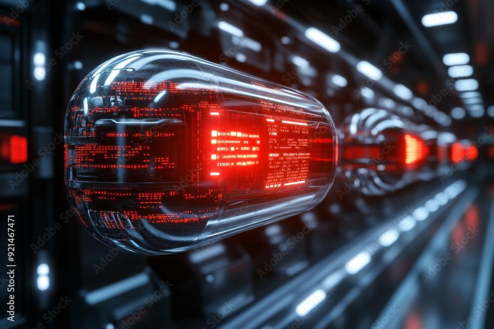 Poster futuristic transportation robot on rails in a high speed blur in a technological tunnel