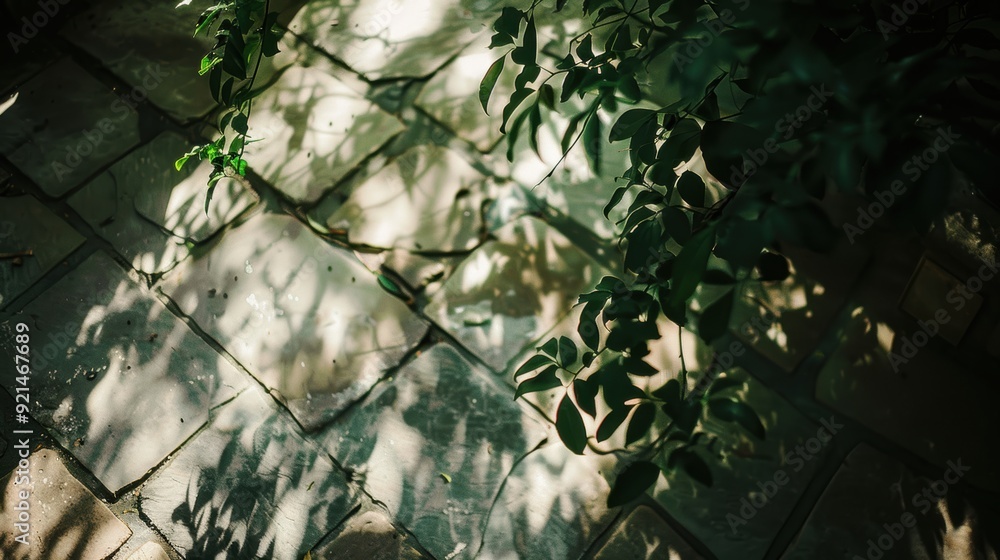 Poster sunlight casting shadows of leaves on a stone patio creating an interesting natural background