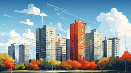 Obraz premium Highrise apartment buildings flat design, side view, metropolitan living, animation, Splitcomplementary color scheme