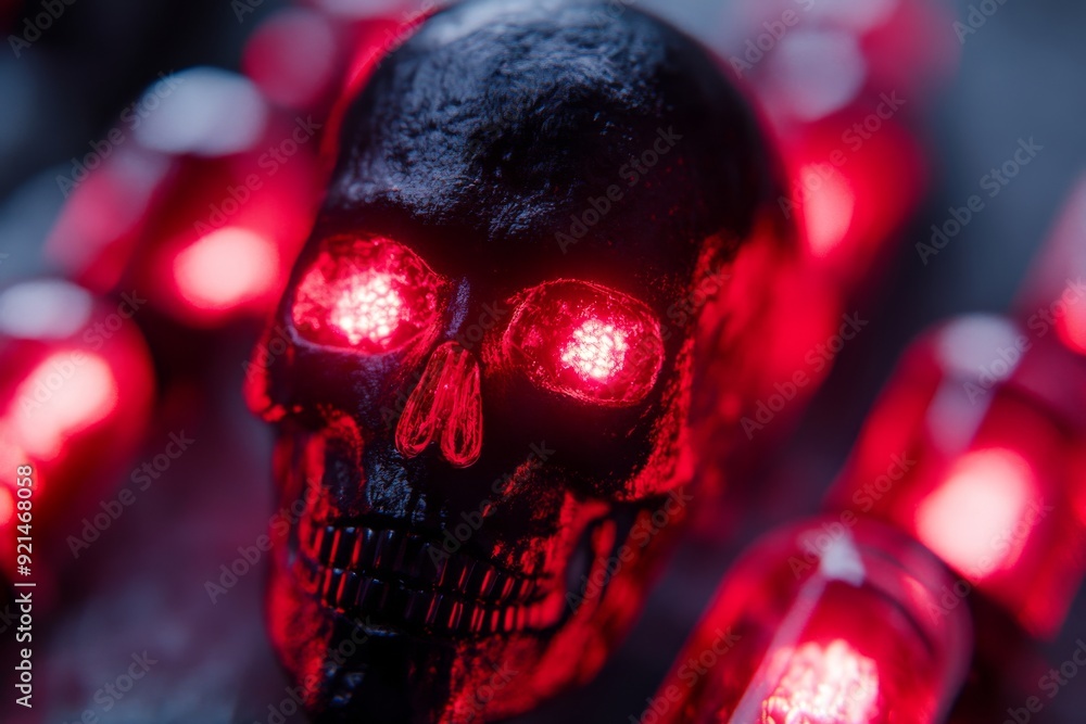 Poster red glowing robotic skull in a dark setting symbolizing high tech danger or threat