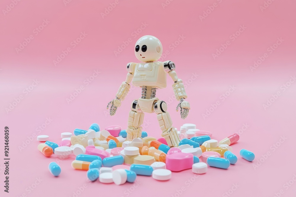 Aufkleber small humanoid robot amidst an array of pills representing automation in pharmaceuticals