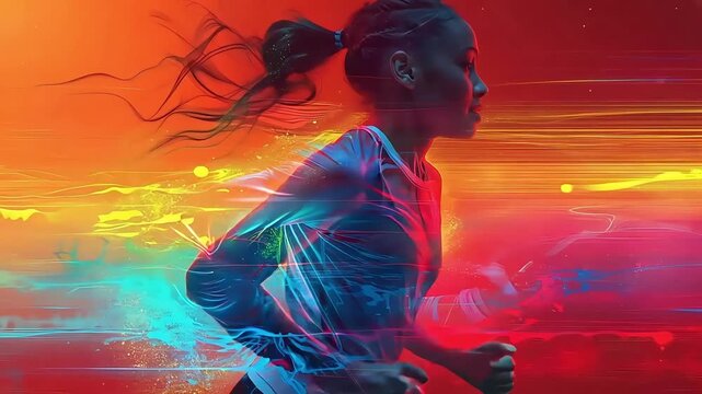 A dynamic, colorful depiction of a female runner in motion, surrounded by vibrant streaks of light.