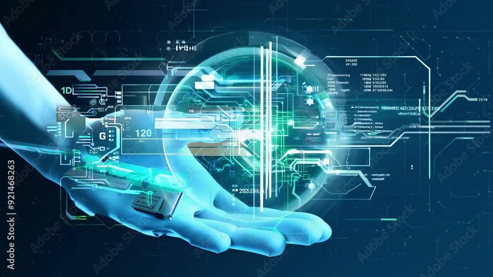 Poster a hand reaches out to a luminous orb in a high-tech digital environment, showcasing advanced concept