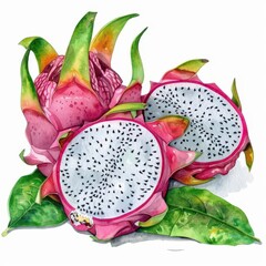 One Dragon Fruit fruit cut in halves with two whole Dragon Fruit fruits, Dragon Fruit leafs, watercolor clipart illustration, lsolated on white background
