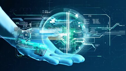 A hand reaches out to a luminous orb in a high-tech digital environment, showcasing advanced concepts in technology and innovation.