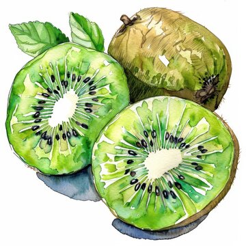recommend clip art: One Kiwi fruit cut in halves with two whole Kiwi fruits, Kiwi leafs, watercolor clipart illustration, lsolated on white background