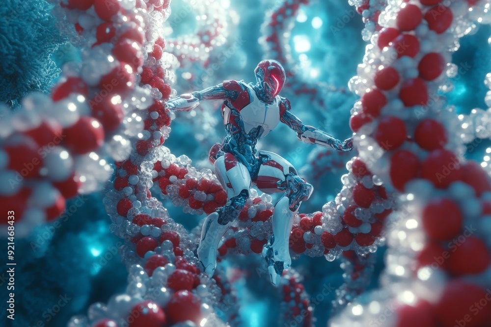 Poster surreal image of robotic elements merging with vibrant organic structures exploring bio technology