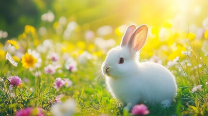 Fototapeta premium Blooming Garden with a Fluffy White Rabbit
