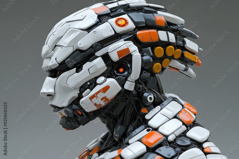 Poster detailed close up of a robotic head with intricate orange circuits in a technological environment