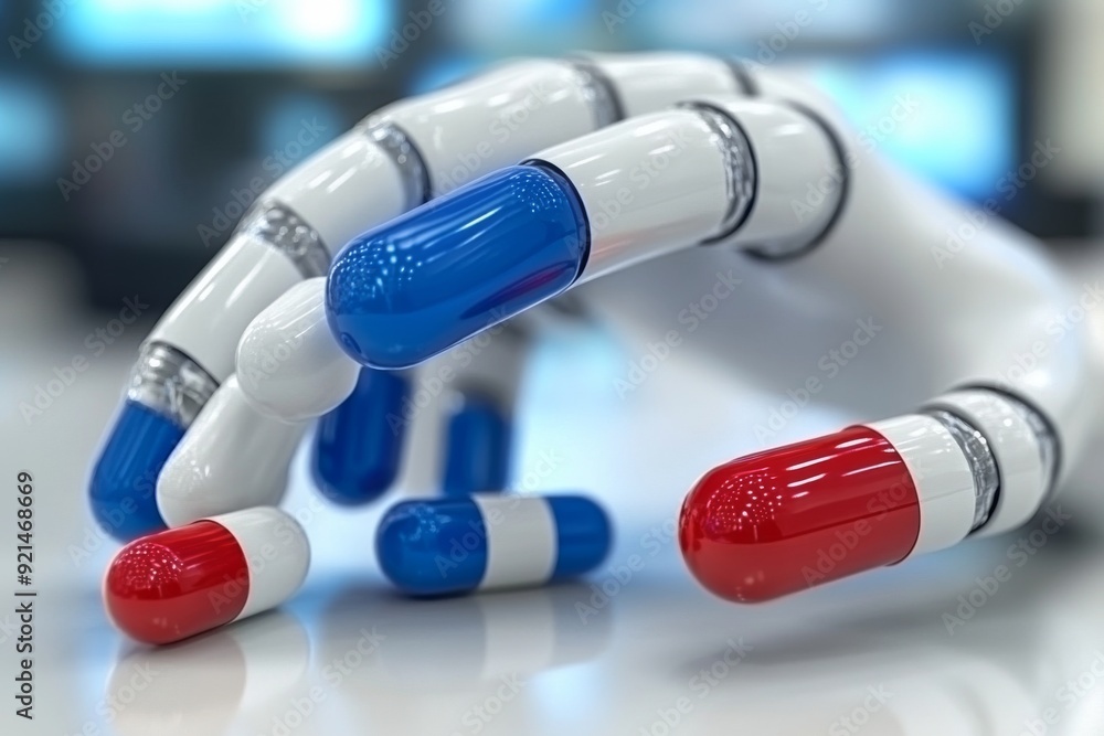 Poster robotic hand sorting colorful pills in a symbolic gesture of healthcare automation