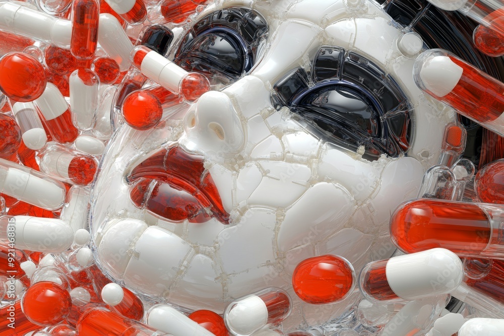 Poster surreal scene of a robotic face surrounded by floating pills exploring themes of medication dependen