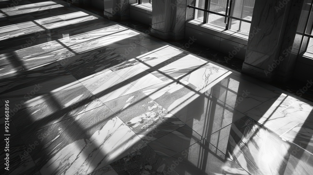 Poster sunlight filters through windows, creating shadows on a polished marble floor in a contemporary offi