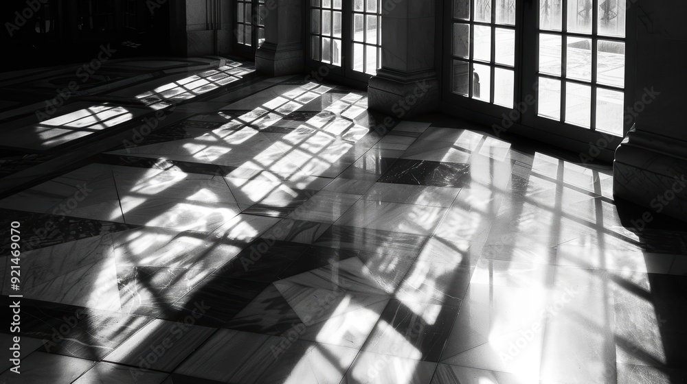 Poster light streaming through windows creating geometric shadows on a marble floor