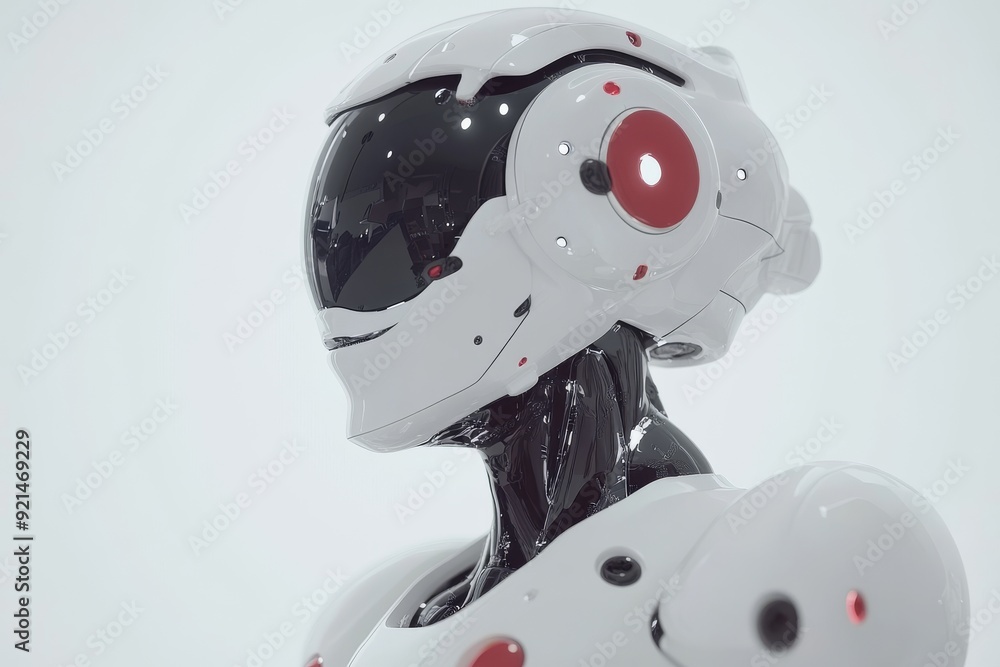 Poster futuristic robot with a pensive expression in a minimalist white setting