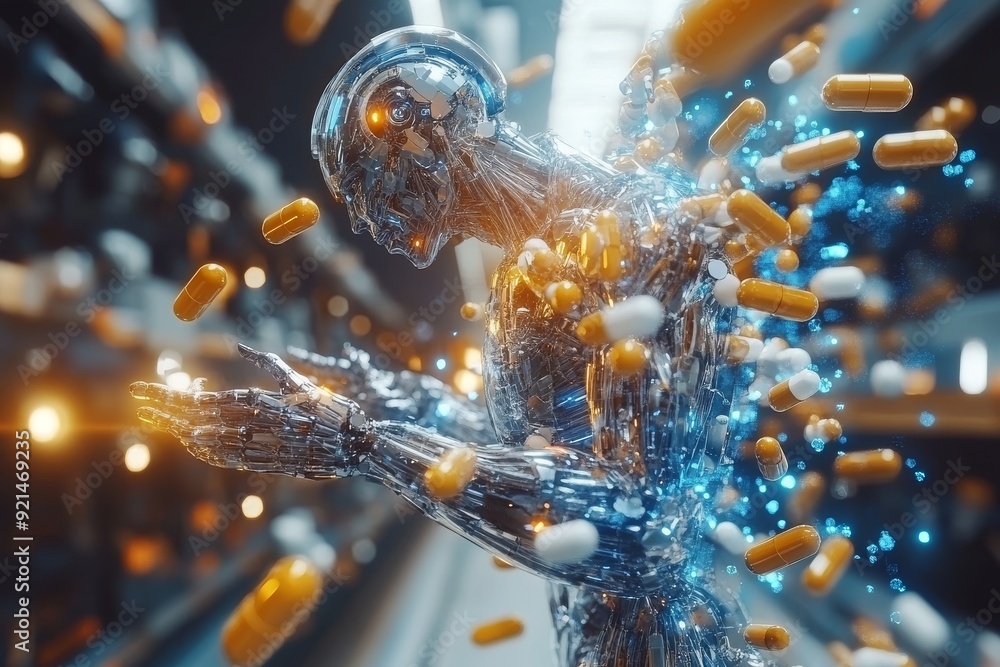 Poster dynamic robotic arm sparking with blue electricity showcasing high tech engineering and automation