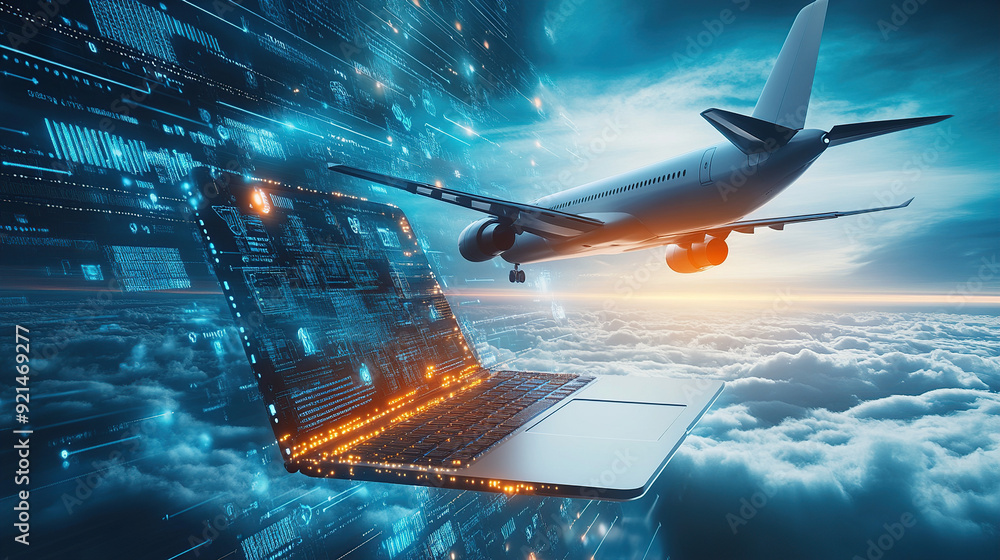 Poster 3d rendering of an airplane flying over a laptop with a digital data and cloud technology background