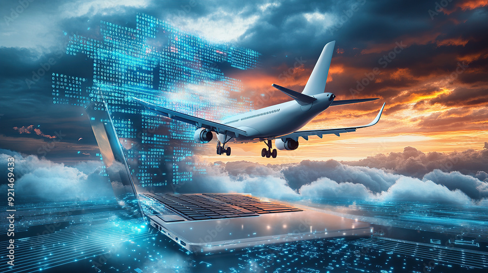 Poster d rendering of an airplane flying over a laptop with a digital data and cloud technology background 